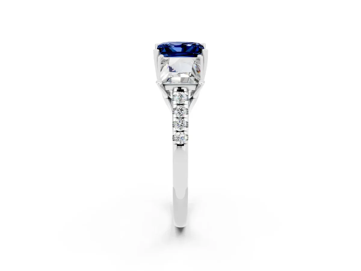 Three-Stone Princess Cut Blue Sapphire Ring with Round Pavé Band and Prong Setting Silver