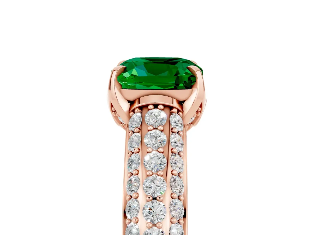 Cushion Cut Emerald Solitaire Ring with Three-Row Pavé Band and Four-Prong Setting Rose gold