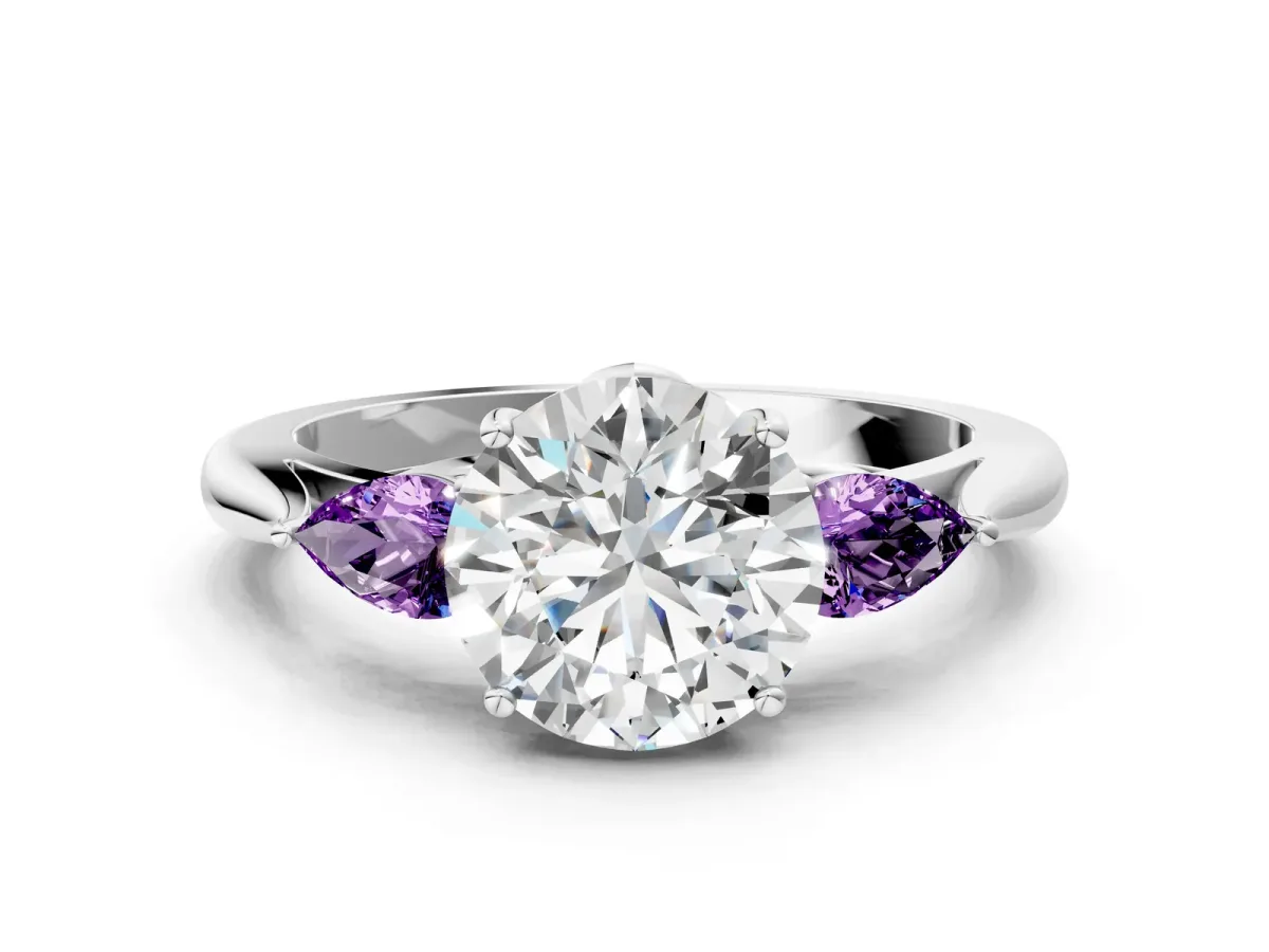 Round Cut Diamond Three-Stone Ring with Pear Amethyst Side Stones and Prong Setting Silver