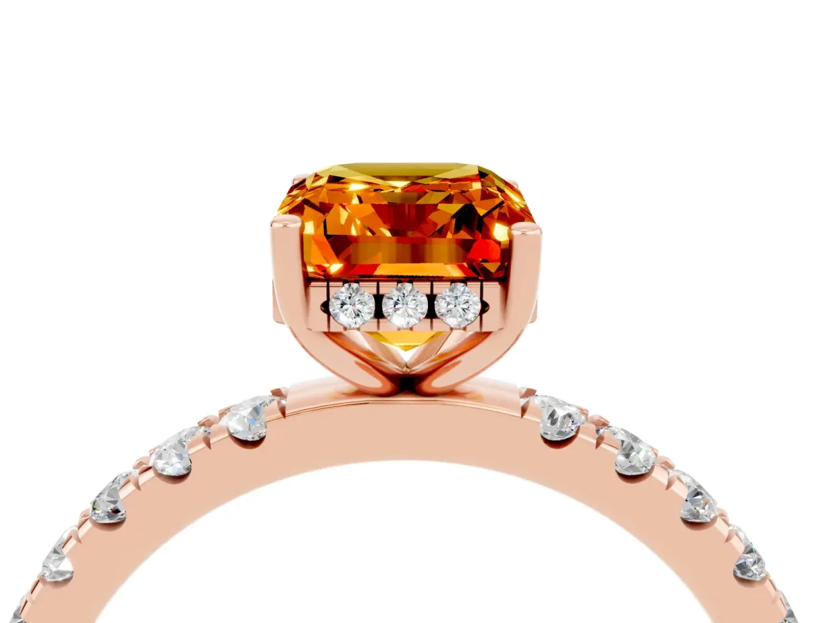 Emerald Cut Citrine Pave Band Solitaire Ring with Round and Prong Setting Rose gold