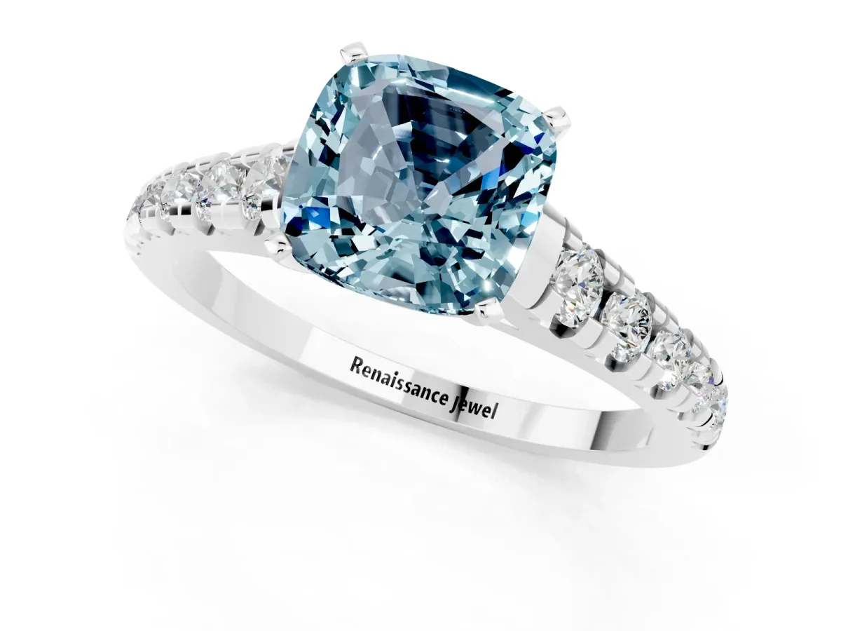 Cushion Cut Aquamarine Cathedral Solitaire Ring with Round Pavé Band Silver