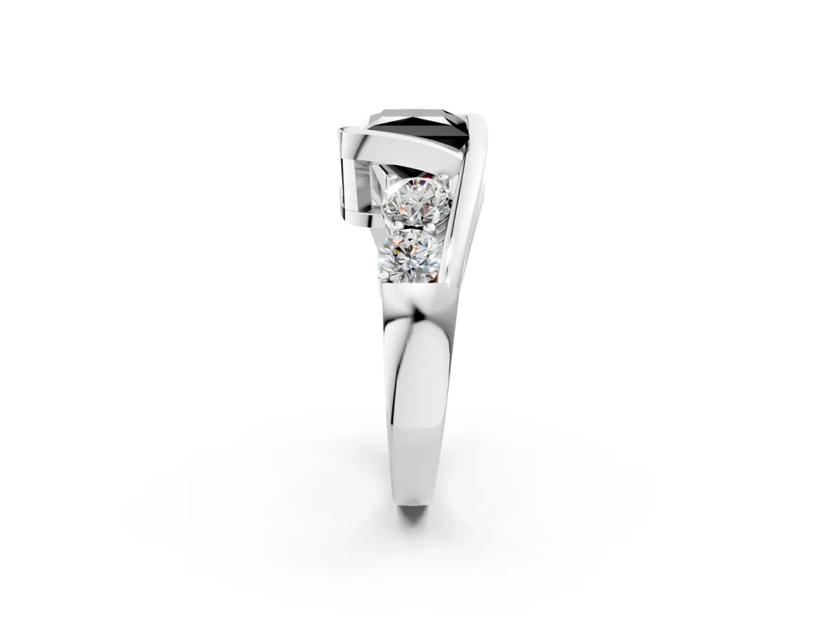 Fancy Black Bezel Set Princess Cut Diamond Bypass Ring with Round Accents Platinum