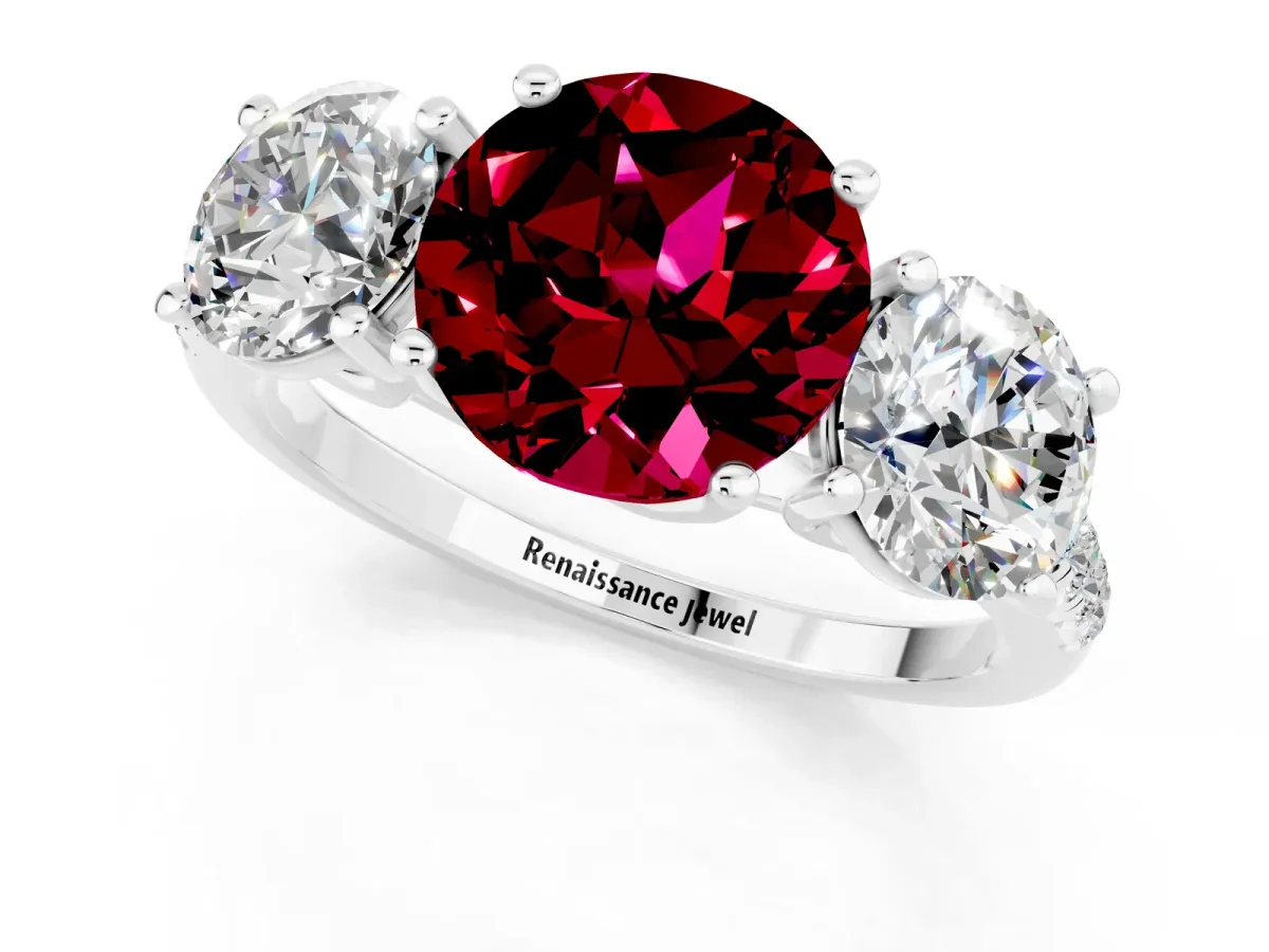 Three-Stone Round Cut Garnet Ring with Round Pavé Band and Prong Setting Platinum
