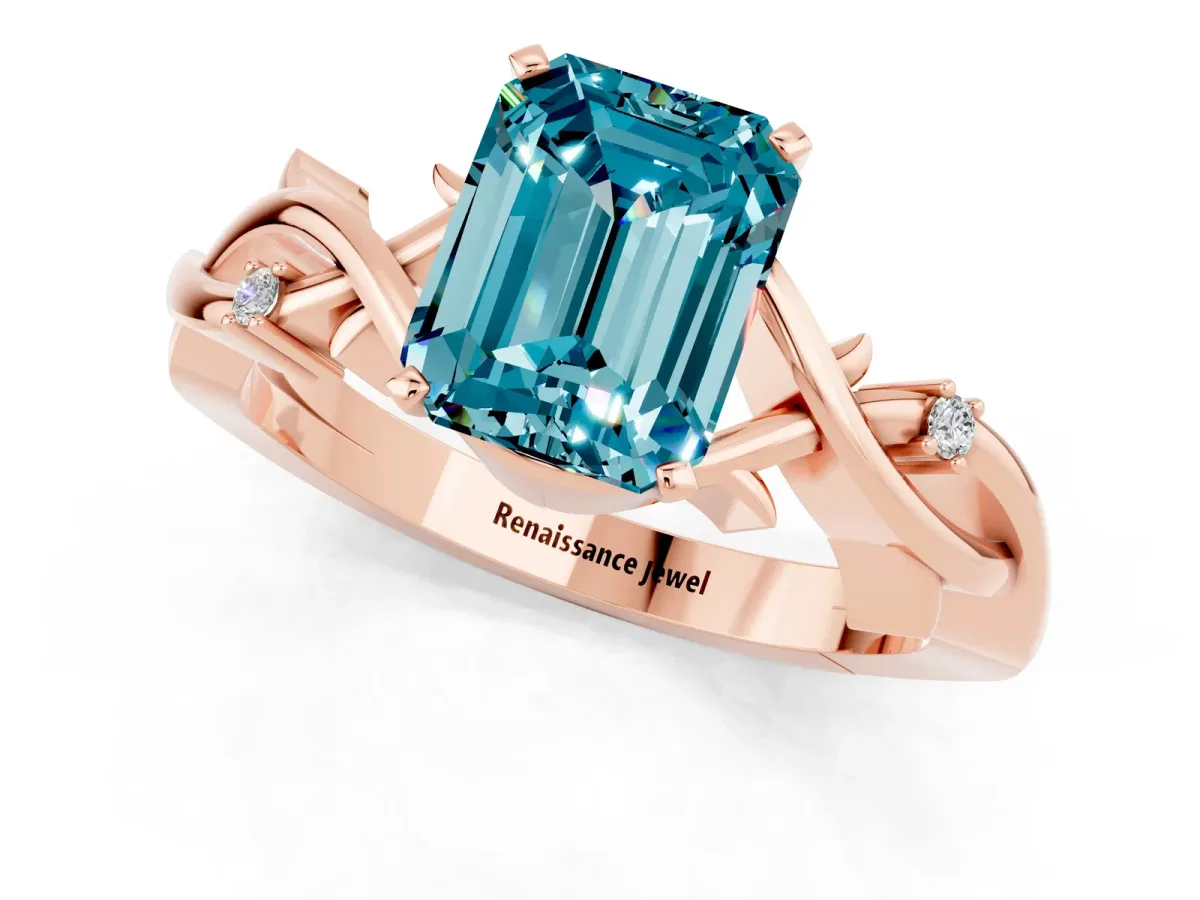 Emerald Cut Blue Topaz Solitaire Ring with Twisted Band and Prong Setting Rose gold
