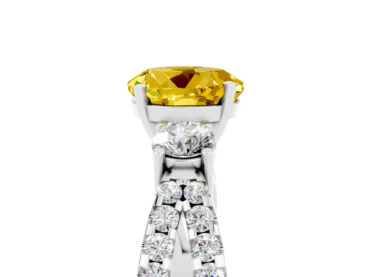 Round Cut Yellow Sapphire Three-Stone Ring with Pavé Split Shank and Four-Prong Setting Silver