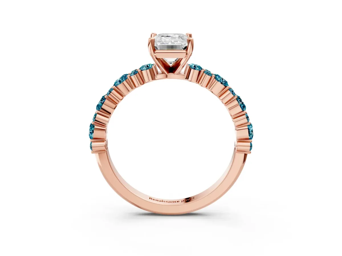 Emerald Cut Diamond Side Stone Solitaire Ring with Round Blue Topaz and Four-Prong Setting Rose gold