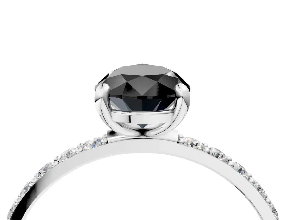 Fancy Black Pear Cut Diamond Solitaire Ring with Round Pavé Band and Prong Setting Silver