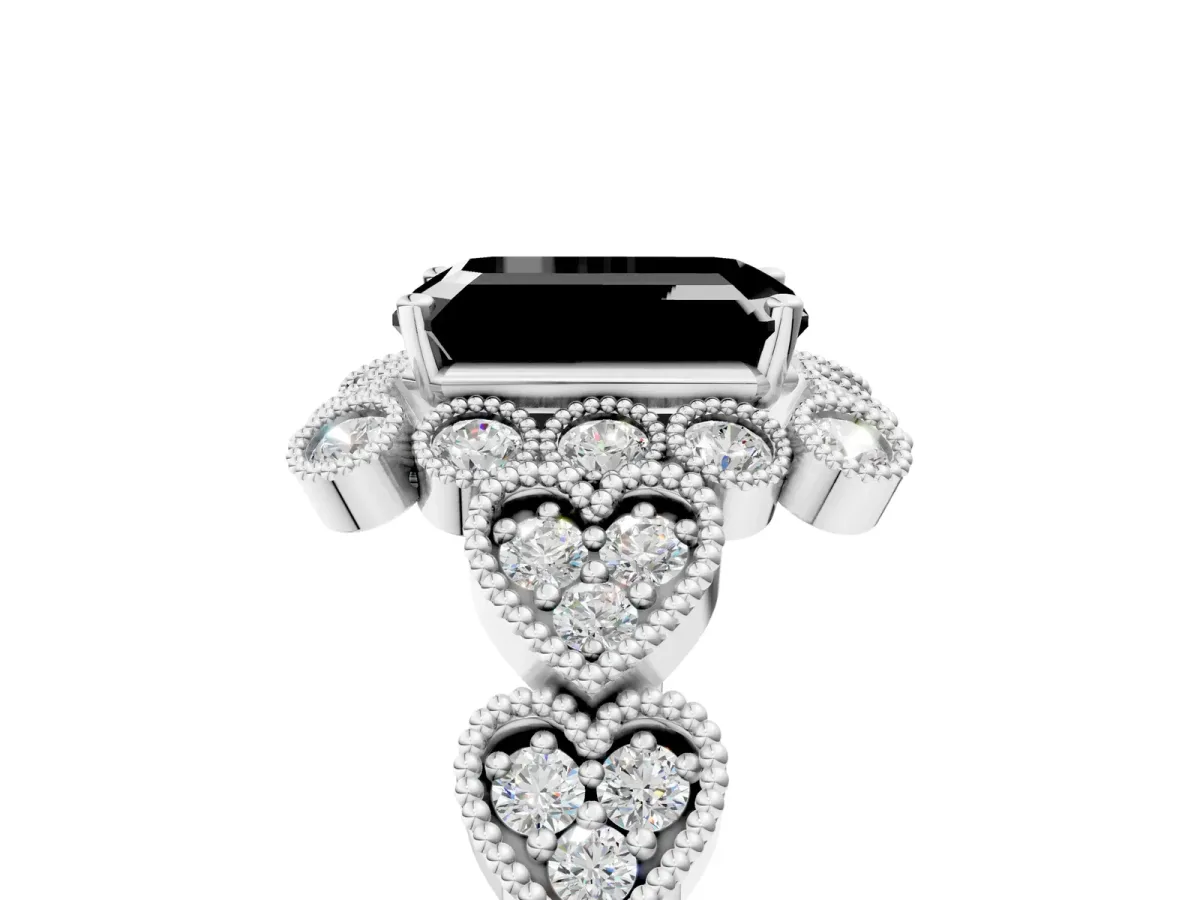 Fancy Black Emerald Cut Brilliant Milgrain Pave Heart Band Solitaire Ring Platinum