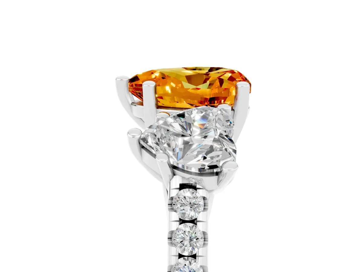 Three-Stone Heart Cut Citrine Ring with Round Pavé Band and Prong Setting Silver