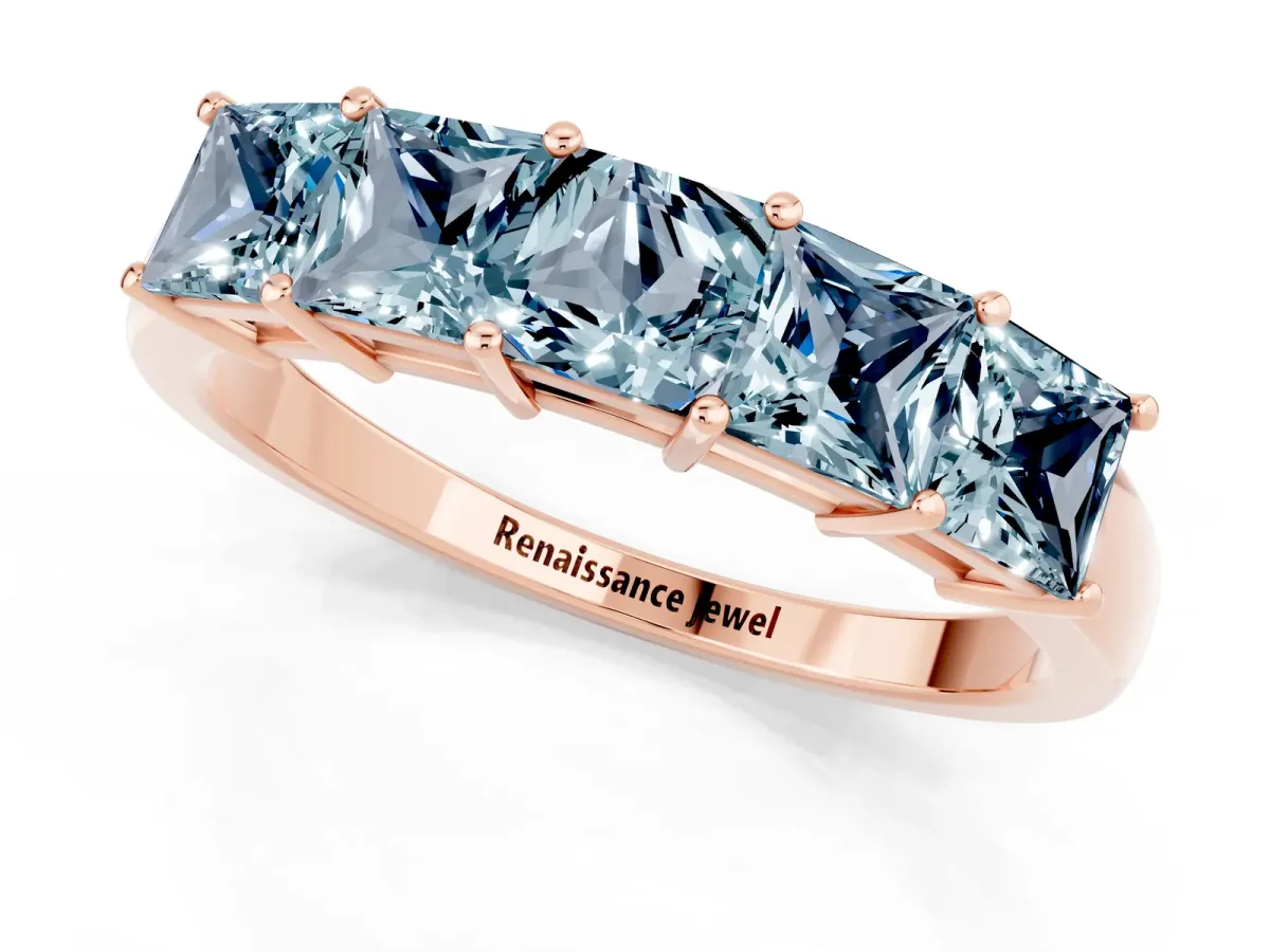 Princess Cut Five-Stone Aquamarine Band with Prong Setting Rose gold
