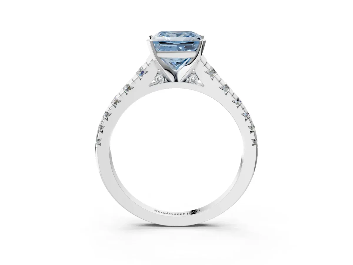 Fancy Blue Princess Cut Diamond Cathedral Solitaire Ring with Round Pavé Band Silver