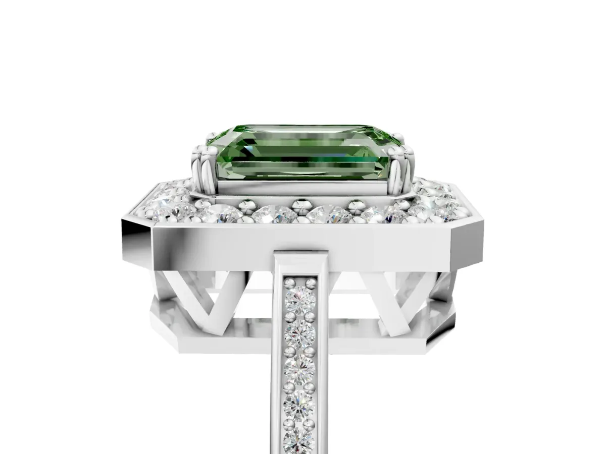 Fancy Green Emerald Cut Diamond Halo Ring with Split Shank and Four-Prong Setting White gold