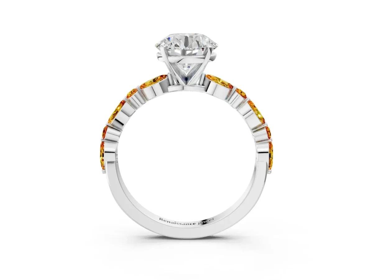 Round Cut Diamond Ring with Marquise and Round Citrine Side Stones and Four-Prong Setting Silver