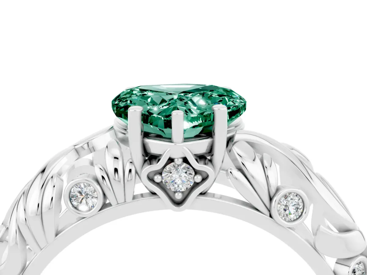 Heart Cut Solitaire Green Sapphire Leaf-Inspired Vine Band Ring with Prong Setting Platinum