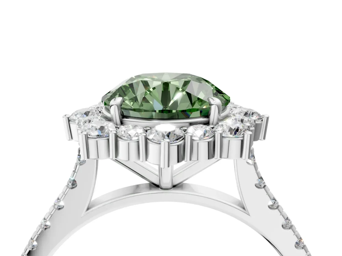 Fancy Green Round Cut Halo Diamond Ring with Pavé Band and Prong Setting Silver