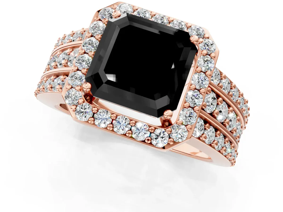 Fancy Black Asscher Cut Halo Diamond Ring with Round Split Shank and Prong Setting Rose gold