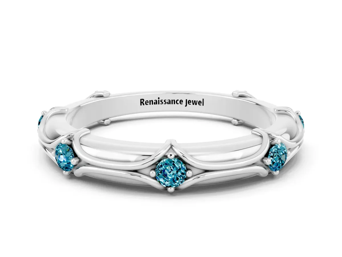 Round Blue Topaz Prong Set Milgrain Eternity Band Platinum