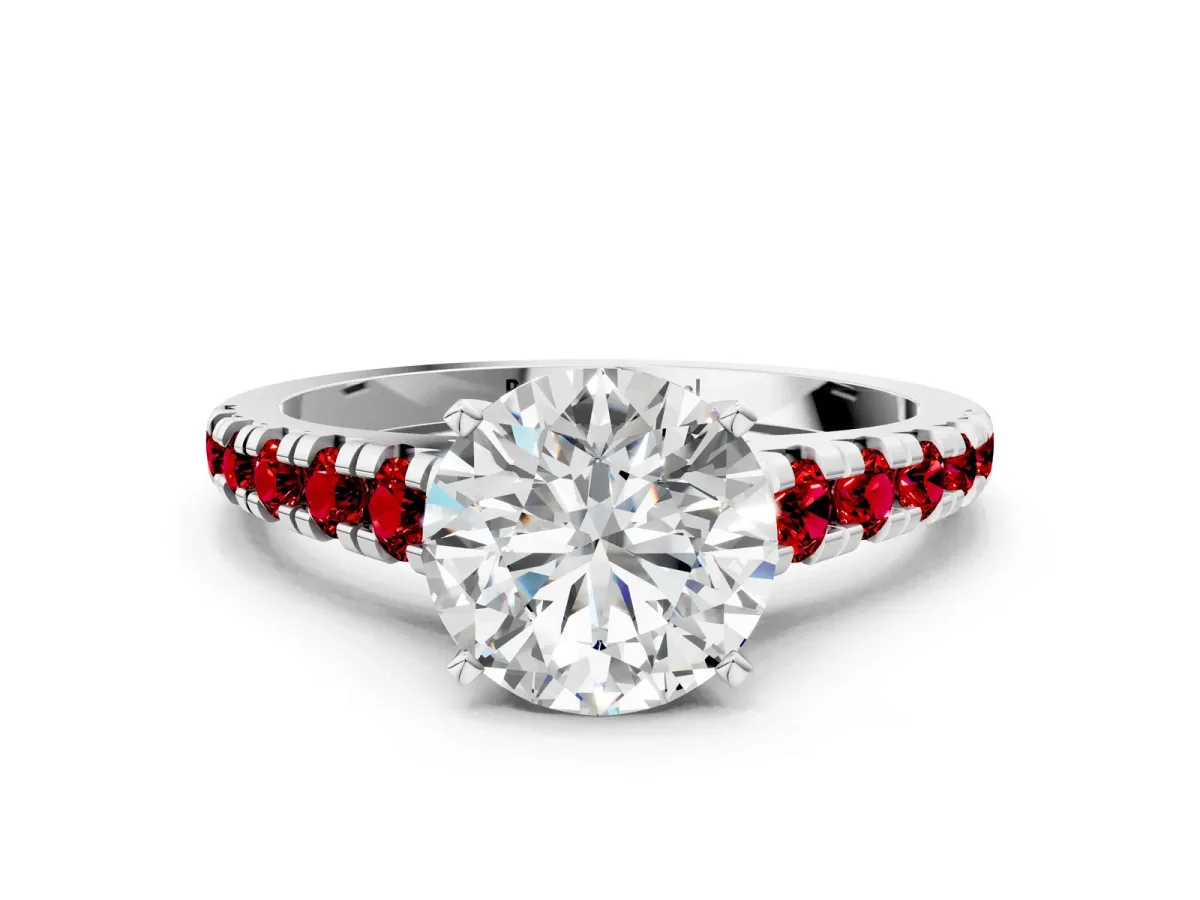 Round Cut Diamond Cathedral Solitaire Ring with Round Ruby Pavé Band Silver