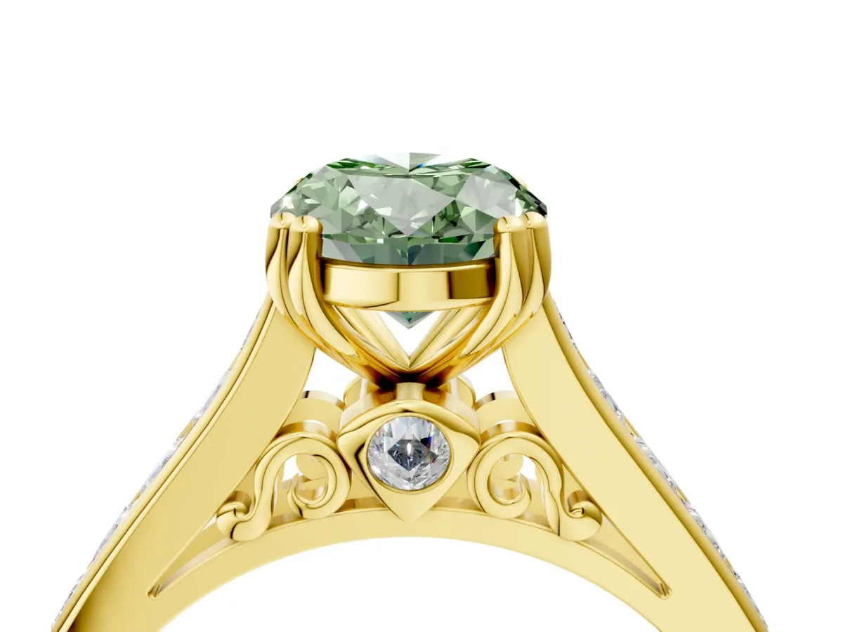 Fancy Green Oval Cut Cut Channel Set Solitaire Engagement Ring with Prong Setting Yellow gold