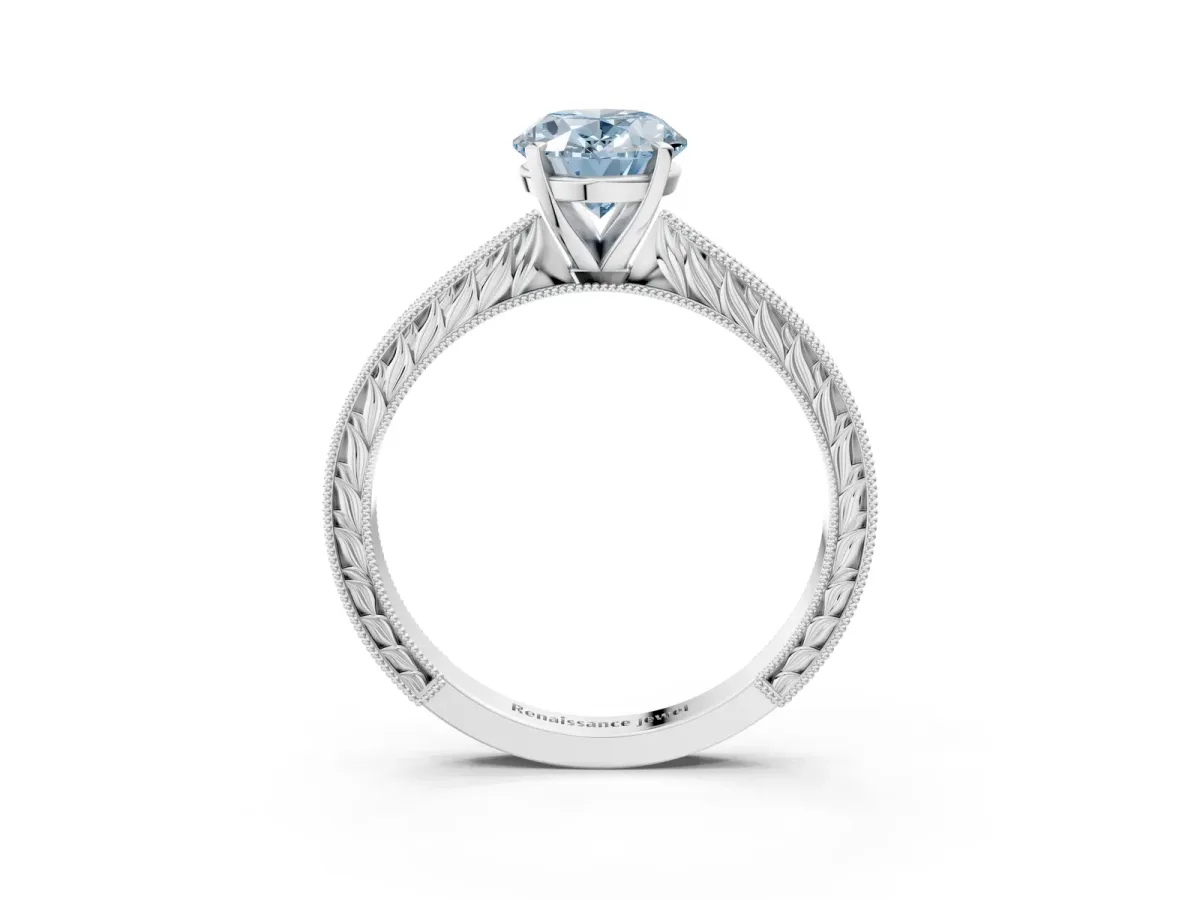 Fancy Blue Oval Cut Solitaire Milgrain Engraved Band with Four-Prong Setting White gold
