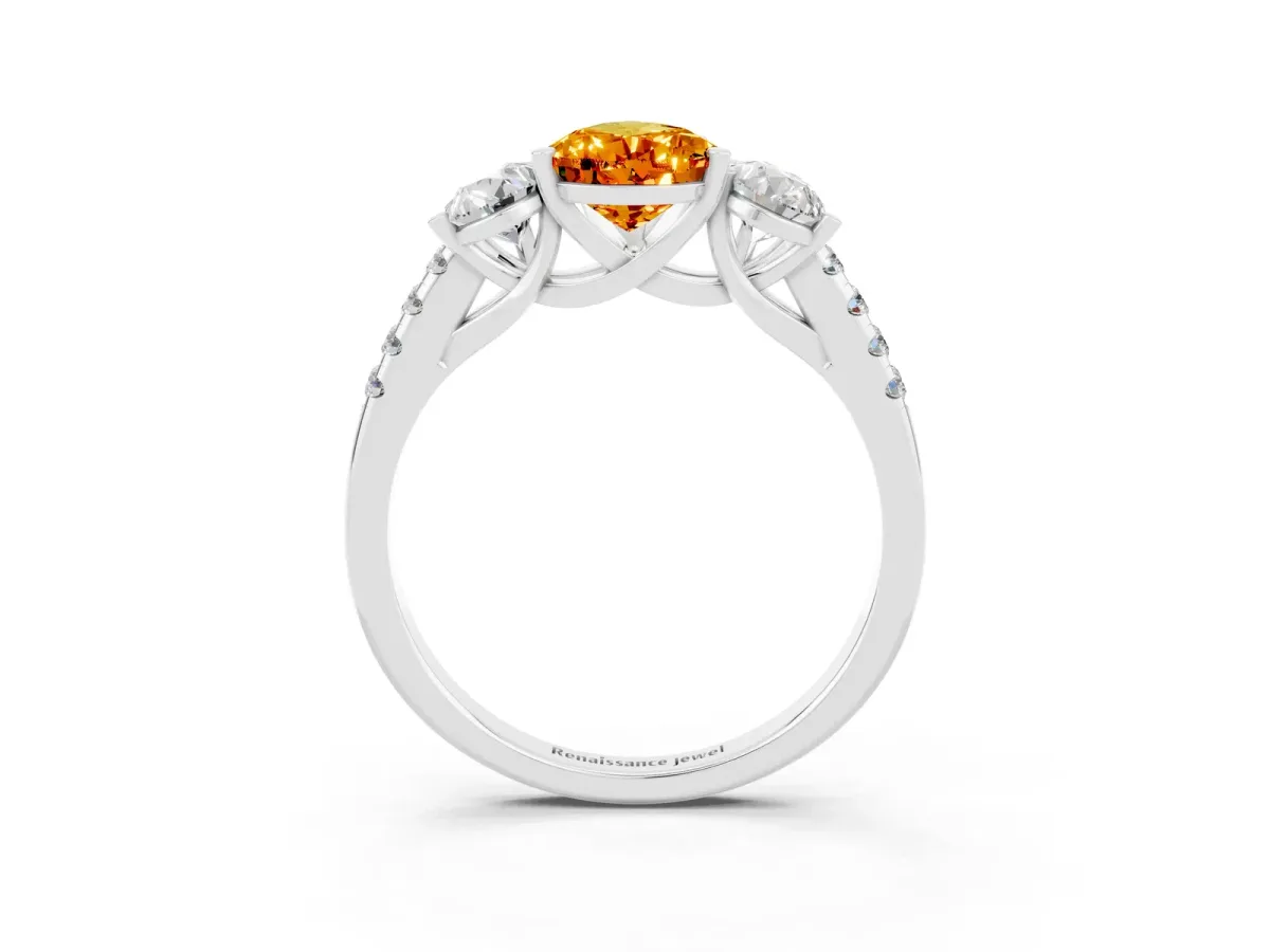 Three-Stone Pear Cut Citrine Ring with Round Pavé Band and Prong Setting Platinum