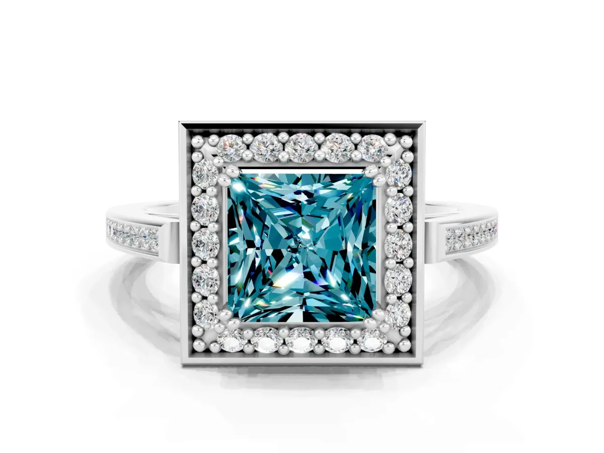 Princess Cut Blue Topaz Halo Ring with Split Shank and Four-Prong Setting Platinum