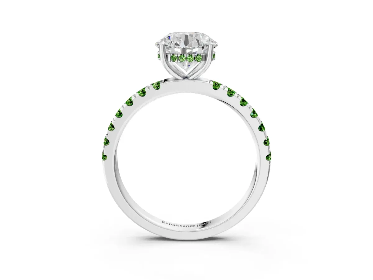 Round Cut Diamond Pave Band Solitaire Ring with Round Peridot and Prong Setting Silver