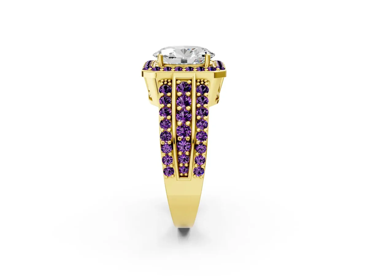 Oval Cut Halo Diamond Ring with Round Amethyst Split Shank and Prong Setting Yellow gold