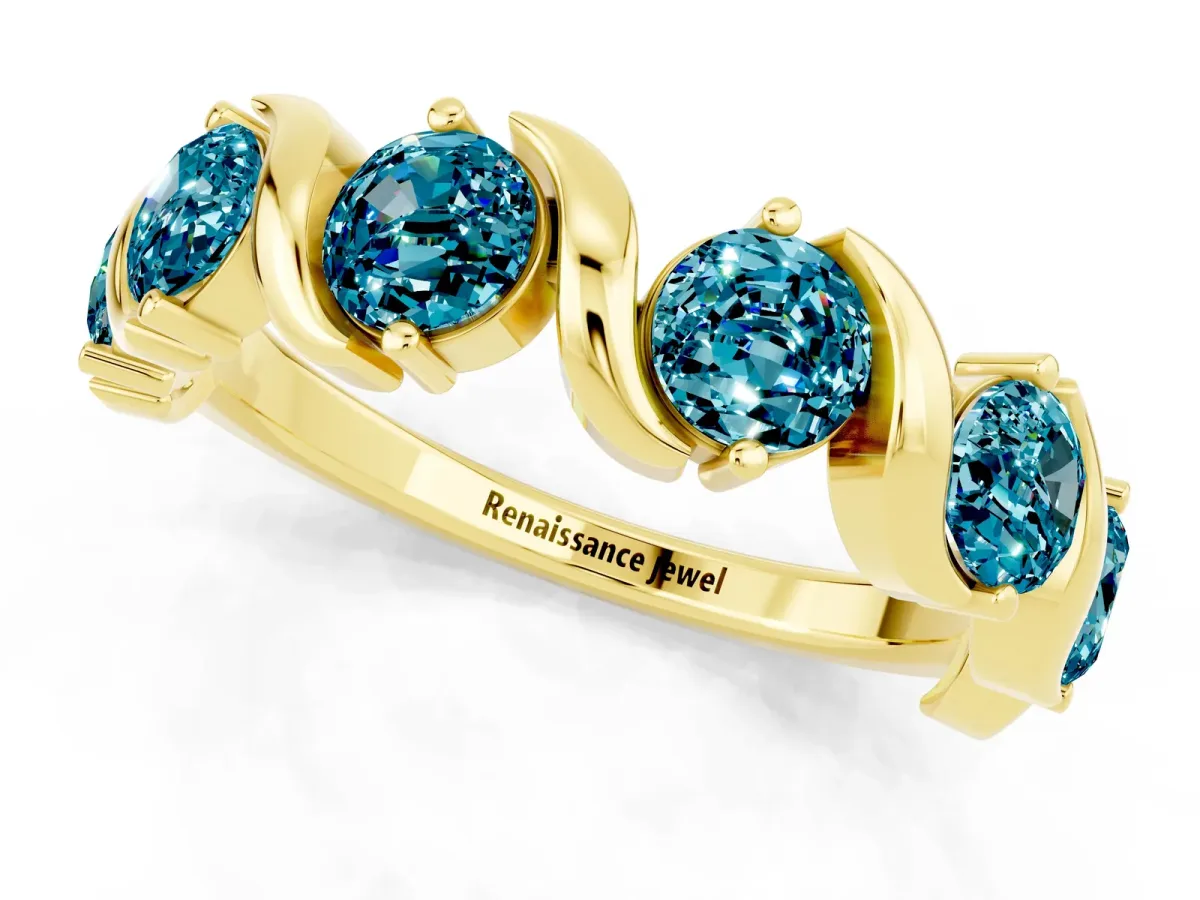Round Blue Topaz Half Eternity Band with Wave Prong Setting Yellow gold