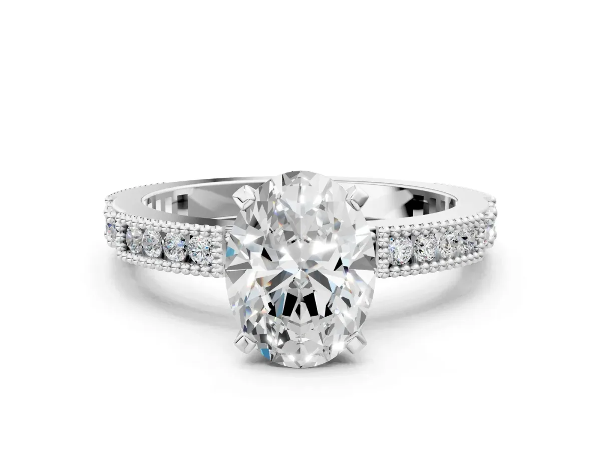 Oval Cut Solitaire with Pavé Band and Four-Prong Setting Silver