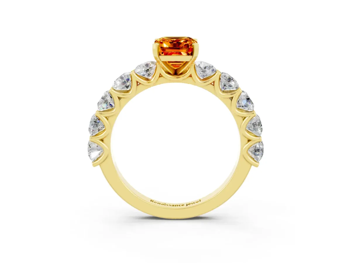 Emerald Cut Citrine Prong Setting with Side Stones on a Pave Band Yellow gold