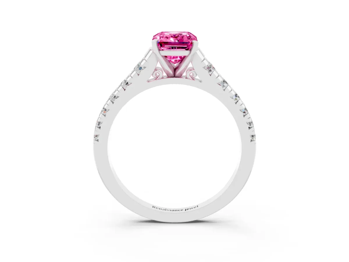 Emerald Cut Pink Sapphire Cathedral Solitaire Ring with Round Pavé Band Silver