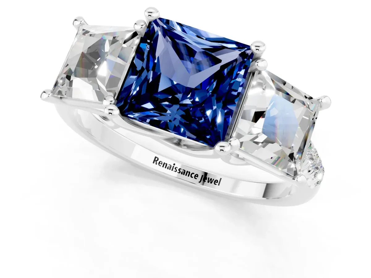 Three-Stone Princess Cut Blue Sapphire Ring with Round Pavé Band and Prong Setting Silver
