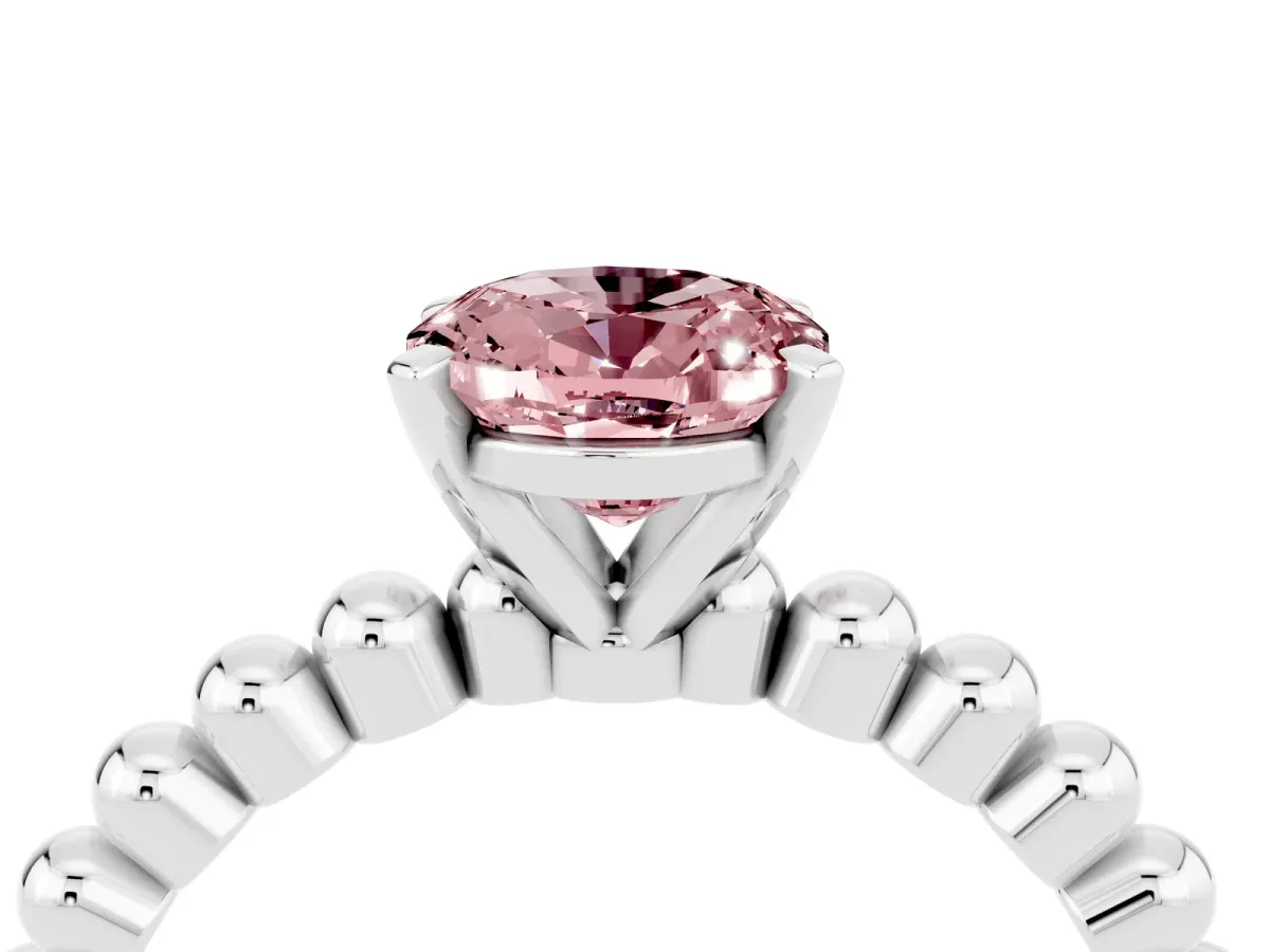 Oval Cut Morganite Solitaire Ring with Beaded Band and Prong Setting Platinum