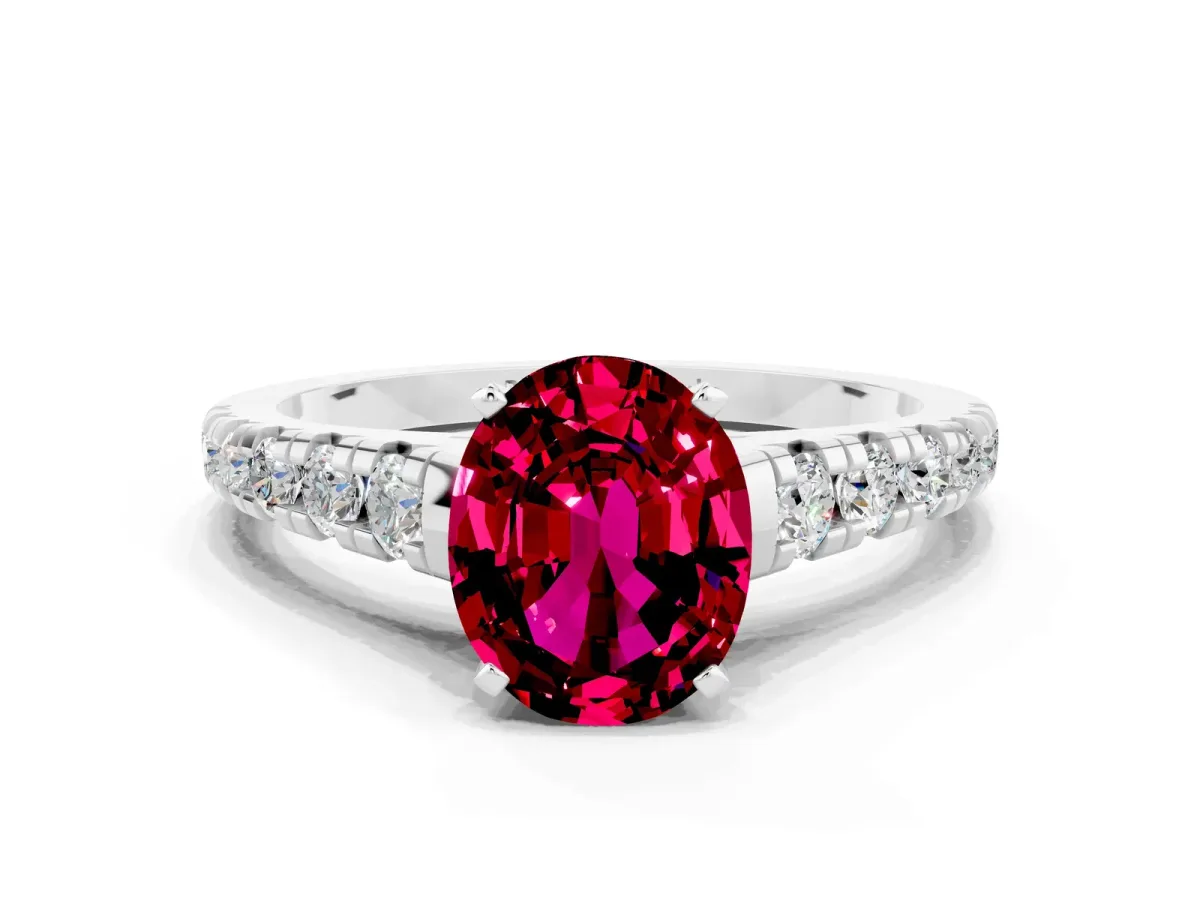 Oval Cut Garnet Cathedral Solitaire Ring with Round Pavé Band Silver