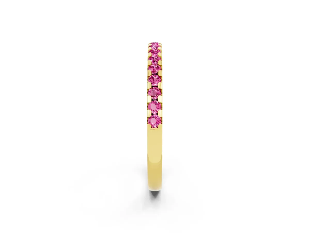 Round Pink Sapphire Pavé Set Eternity Band with Micro Prong Setting Yellow gold