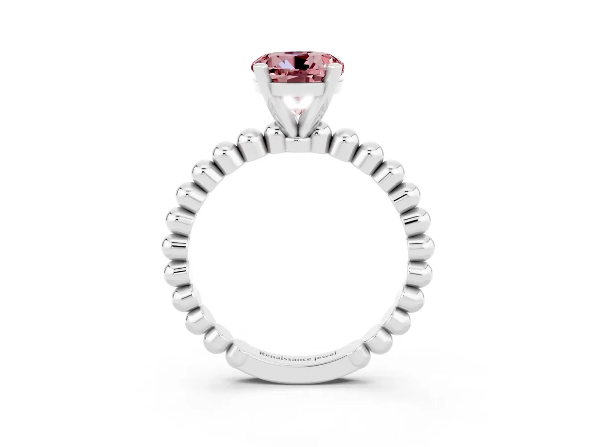 Round Cut Morganite Solitaire Ring with Beaded Band and Prong Setting Platinum
