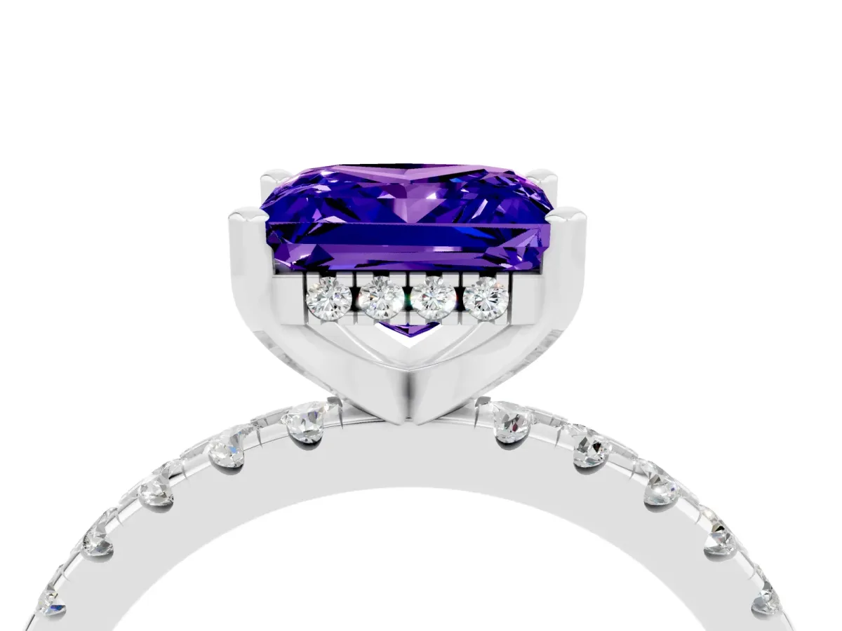 Princess Cut Tanzanite Solitaire Ring with Round Pavé Band and Four-Prong Setting Silver