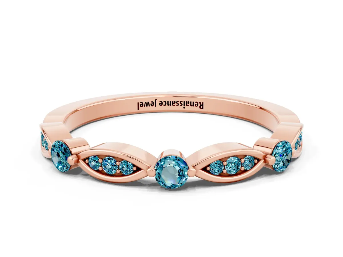 Marquise and Round Blue Topaz Milgrain Band with Bezel Setting Rose gold