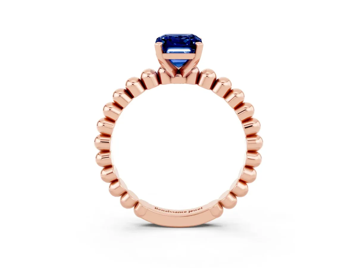 Emerald Cut Blue Sapphire Solitaire Ring with Beaded Band and Prong Setting Rose gold