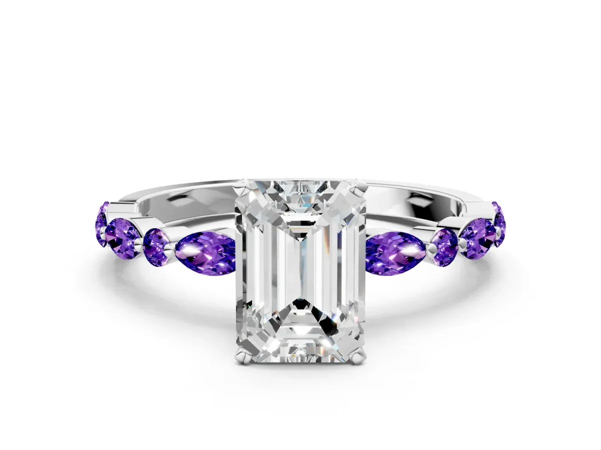 Emerald Cut Diamond Ring with Marquise and Round Tanzanite Side Stones and Four-Prong Setting Silver