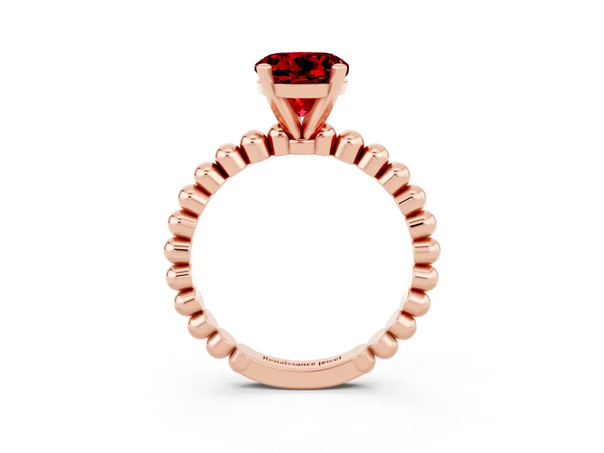 Round Cut Ruby Solitaire Ring with Beaded Band and Prong Setting Rose gold