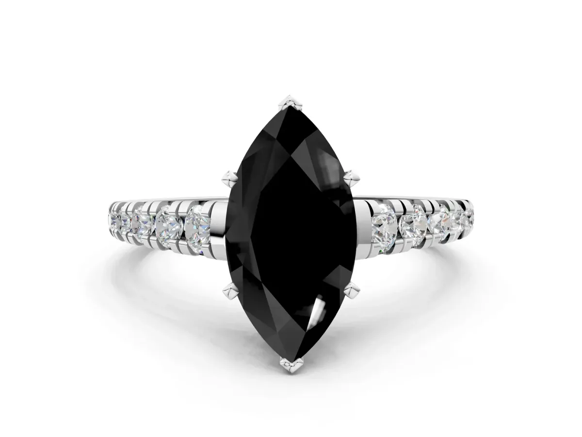 Fancy Black Marquise Cut Diamond Cathedral Solitaire Ring with Round Pavé Band Silver