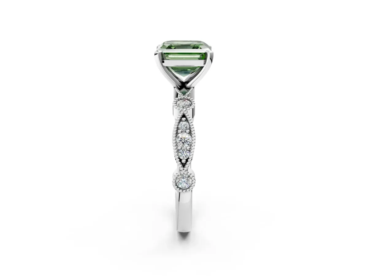 Fancy Green Asscher Cut Milgrain Bezel Diamond Engagement Ring with Solitaire Prong Setting Platinum