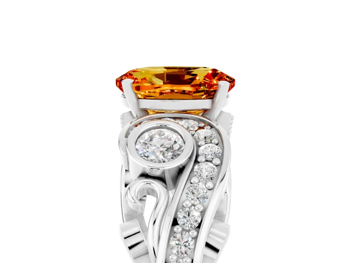 Oval Cut Citrine Solitaire Ring with Milgrain Pavé Band and Four-Prong Setting Silver