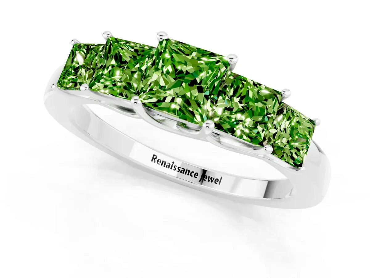 Princess Cut Five-Stone Peridot Ring with Classic Prong Setting White gold