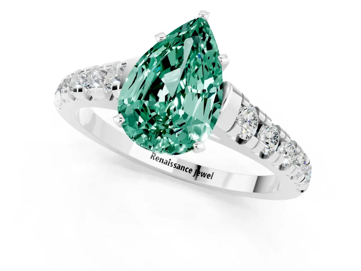 Pear Cut Green Sapphire Cathedral Solitaire Ring with Round Pavé Band Silver