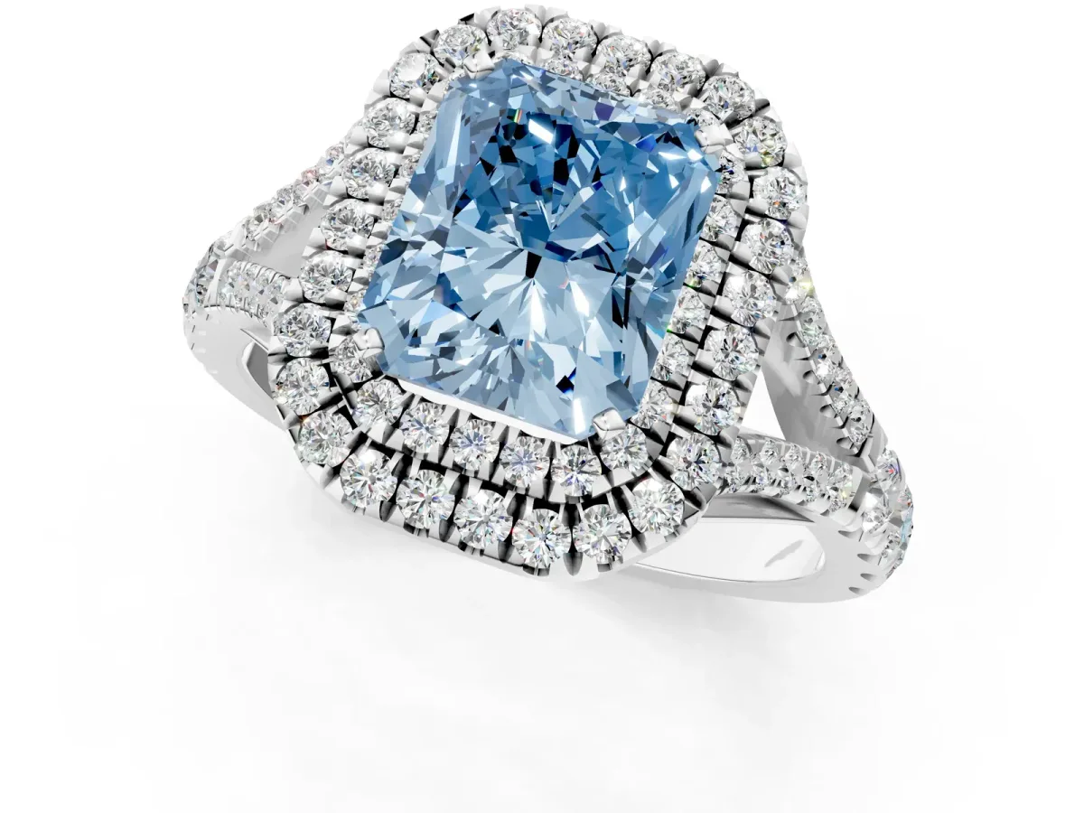 Fancy Blue Radiant Cut Cut Double Halo Split Shank Diamond Ring with Prong Setting Platinum