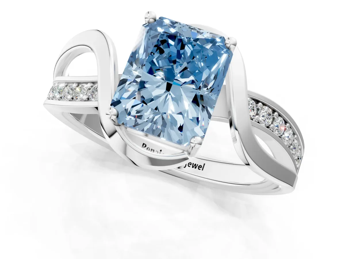 Fancy Blue Radiant Cut Solitaire Twisted Band with Prong Setting Platinum