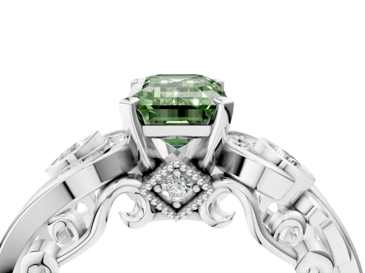 Fancy Green Emerald Cut Diamond Solitaire Ring with Milgrain Pavé Band and Four-Prong Setting Silver